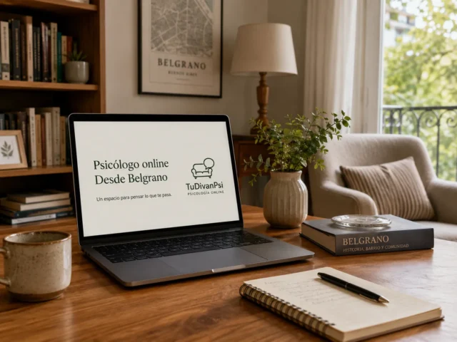 Laptop sobre escritorio en un ambiente cálido y sereno de Belgrano, con el mensaje “Psicólogo online desde Belgrano”