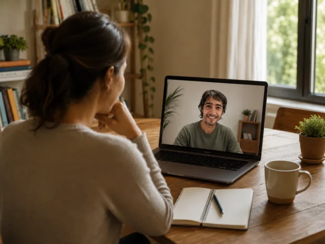 Mujer de quilmes en una sesión de terapia online desde casa, hablando por videollamada con un psicólogo en un ambiente cálido, tranquilo y privado.