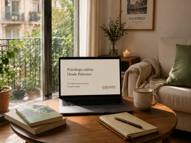 Laptop sobre una mesa en un ambiente cálido de Palermo, con el mensaje “Psicólogo online desde Palermo” y el logo de TuDivanPsi