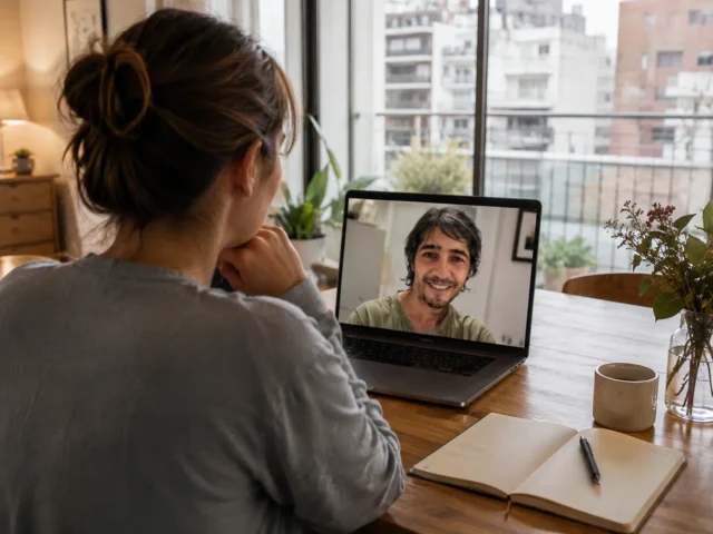 Mujer realizando una sesión de terapia online desde casa en Palermo, conectada por videollamada con su psicólogo, en un ambiente cálido, privado y realista.