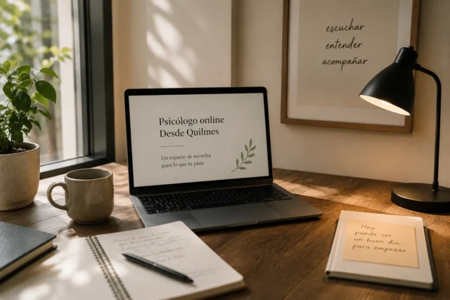 Espacio de terapia online con laptop sobre escritorio, luz cálida, plantas y cuadernos, representando atención psicológica por videollamada desde Quilmes.