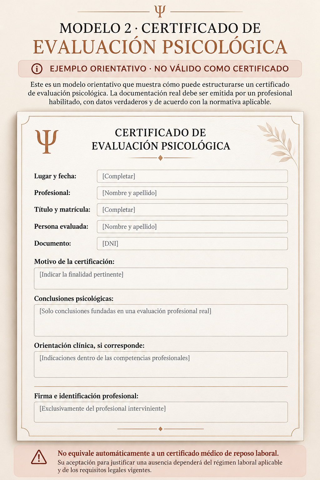Ejemplo de certificado de evaluación psicológica, modelo 2